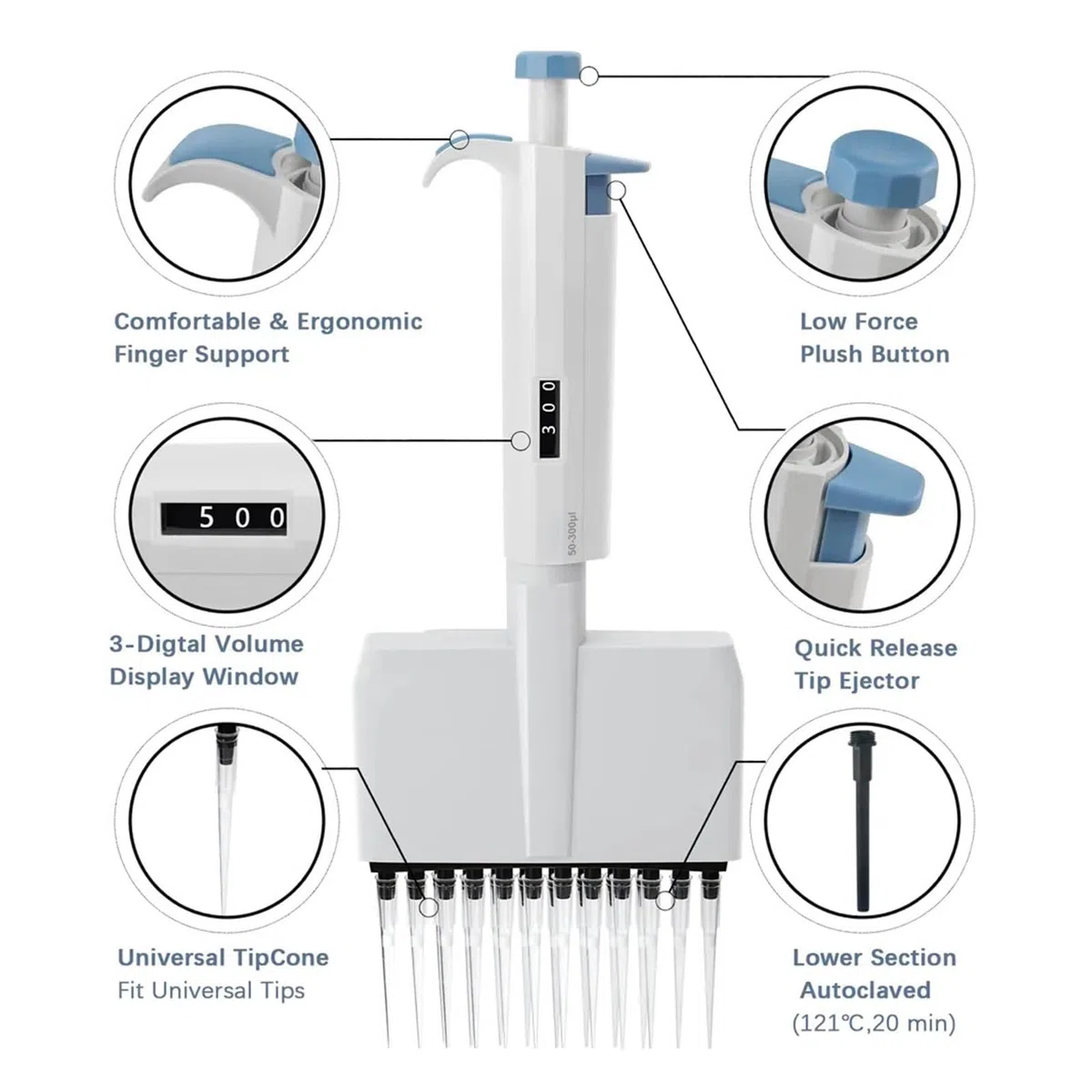 Mikropipette, 12/8-Kanal-verstellbare Pipette, vollständig autoklavierbar, manuelle, Mehrkanalpipette for Schulchemielabore(12 channel 5-50ul)